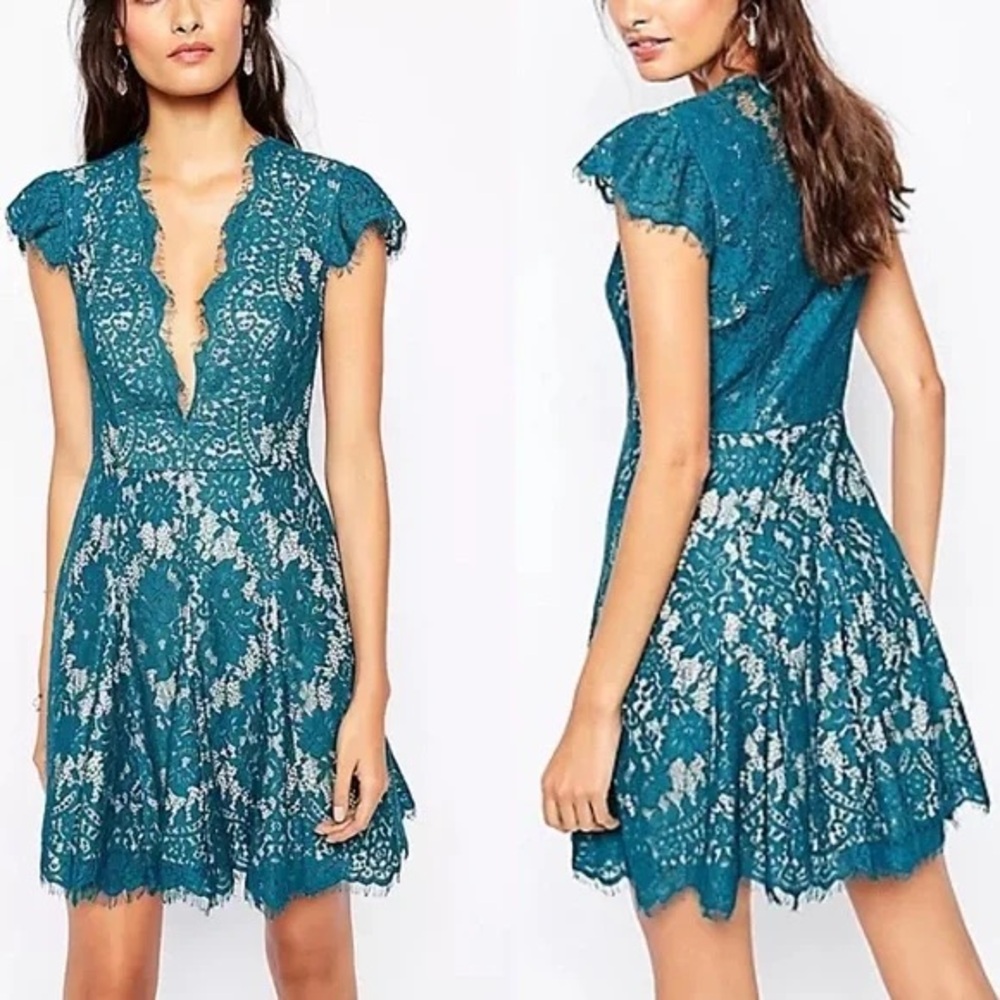 Free People X The Jetset Diaries Teal Lace Mini Dress